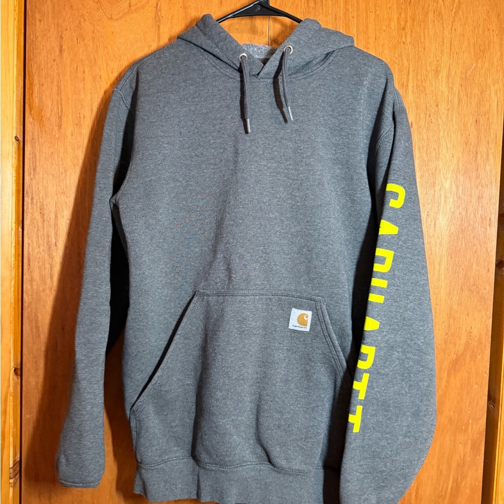 Carhartt Charcoal Hoodie with Bright Yellow Lettering